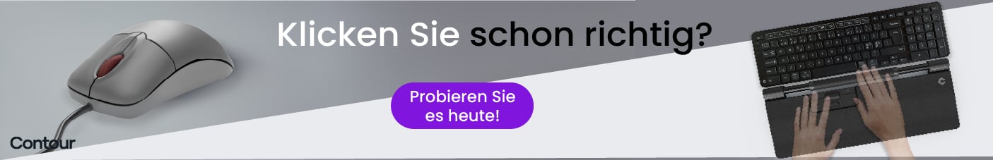Werbebanner mit Computermaus links, Text "Klicken Sie schon richtig?" in der Mitte, lila Button "Probieren Sie es heute!" darunter, Laptop mit tipptenden Händen rechts und Bearbeitungssymbole oben.